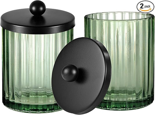 Amolliar Sage Green Glass Apothecary Jar, Qtip Holder Dispenser for Cotton Swabs, Balls, Makeup Pads, Floss Picks, Bathroo...