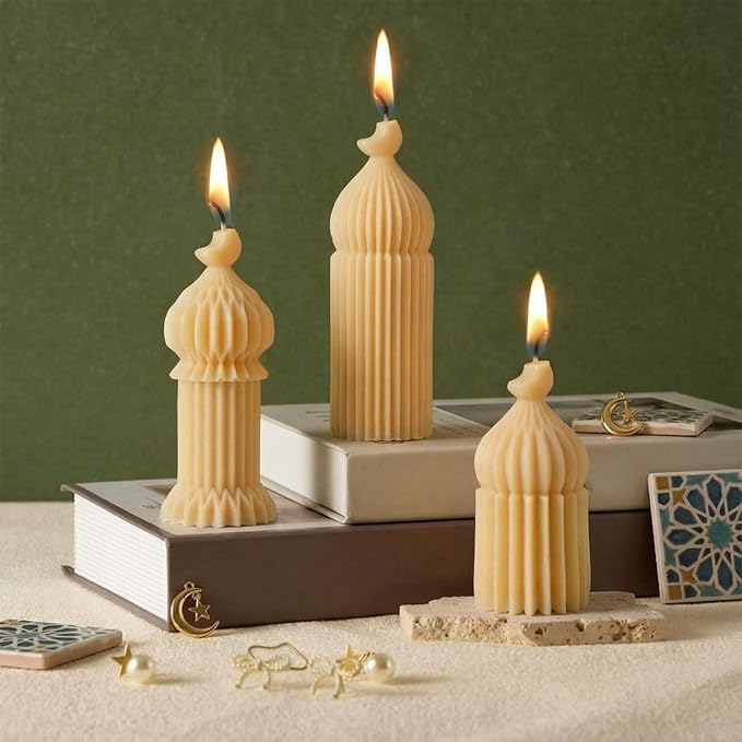 Lyrow 3 Pcs Ramadan Mubarak Scented Soy Candles Eid Islamic Muslim Home Decor Ramadan Mosque Shaped Small Pillar Candles S...