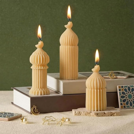 Lyrow 3 Pcs Ramadan Mubarak Scented Soy Candles Eid Islamic Muslim Home Decor Ramadan Mosque Shaped Small Pillar Candles S...