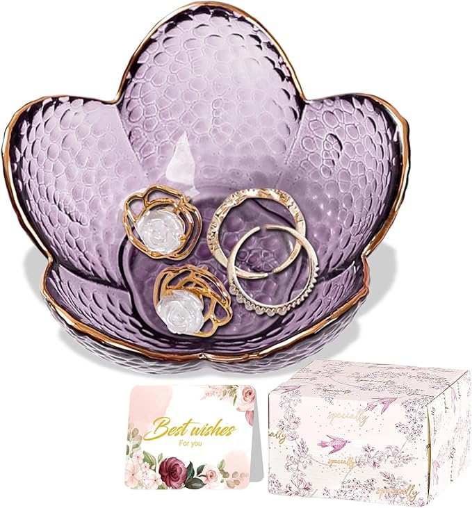 Purple Flower Jewelry Dish Glass Ring Holder Dish Jewelry Tray Cute Vanity Organizer Aesthetic Nightstand Bathroom Room De...