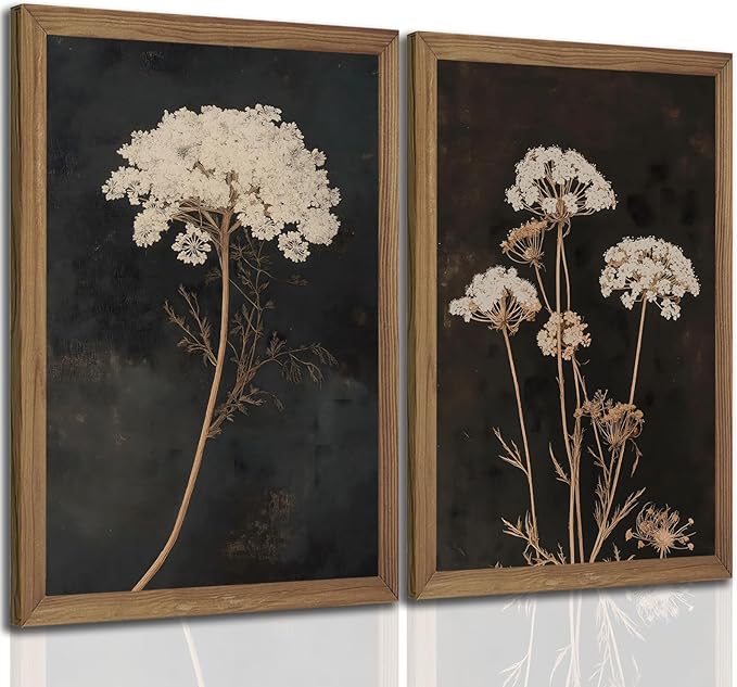 2Pcs Framed Moody Botanical Wall Art with Wood Frame Vintage Queen Anne’s Lace Flower Canvas Paintings Rustic Floral Poste...