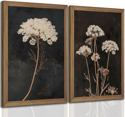 2Pcs Framed Moody Botanical Wall Art with Wood Frame Vintage Queen Anne’s Lace Flower Canvas Paintings Rustic Floral Poste...