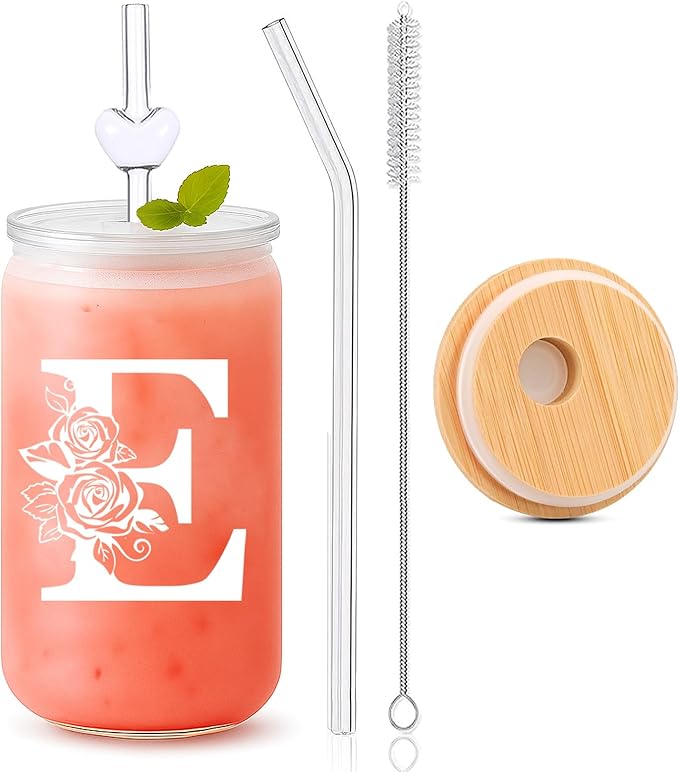 Custom Cups for Women – 16oz Monogrammed Glass Tumbler with Lid & Straw–Personalized Cups with Names, Personalized Birthda...