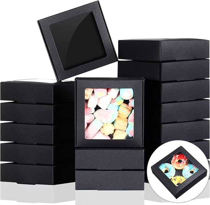 Zonon 30 Pcs Kraft Paper Boxes with Window 4.13 x 4.13 x 1.18 Inch Candy Packaging, Small Gift Boxes, Soap holder, Mini Tr...