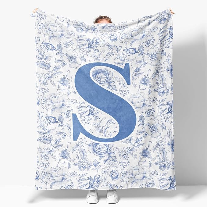 ShowDraven Throw Blanket Custom Initial Letter S Personalized Monogrammed Gifts for Women Teen Girls Frends, Boho Cute Blu...