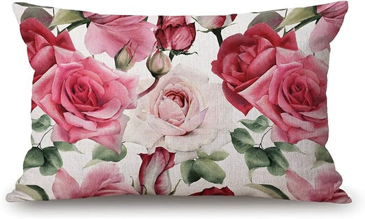 Solekla Pillow Covers Watercolor Roses 12" x 20" Lumbar Pillow Covers Home Decorative Cotton Linen Cushion Case for Sofa C...