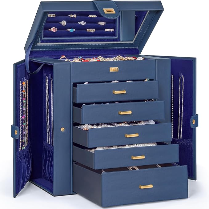 AKOZLIN Extra Large 6-Tier Jewelry Box Organizer Functional Huge, 5 Drawers Leather Jewelry Storage Case for Women Girls R...