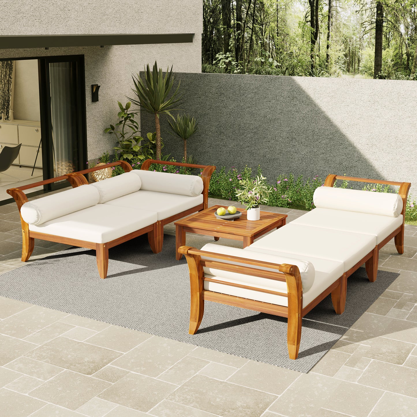 TOPMAX 6 Piece Patio Sofa Set, Acacia Wood Outdoor Modular Sectional Garden Furniture Set L-Shaped Conversation Set, Convertible Daybed With Tea Table, Ottoman, 5 Cushions And Pillows, Teak Beige
