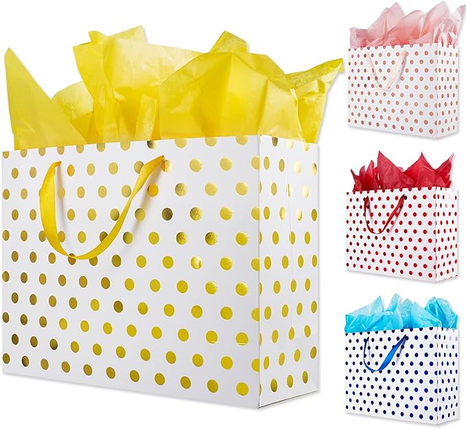Plauthus 15.7" Extra Large Gift Bags for Presents with Tissue Paper for Birthday Party and Baby Shower (4 Pack, Gold, Rose...