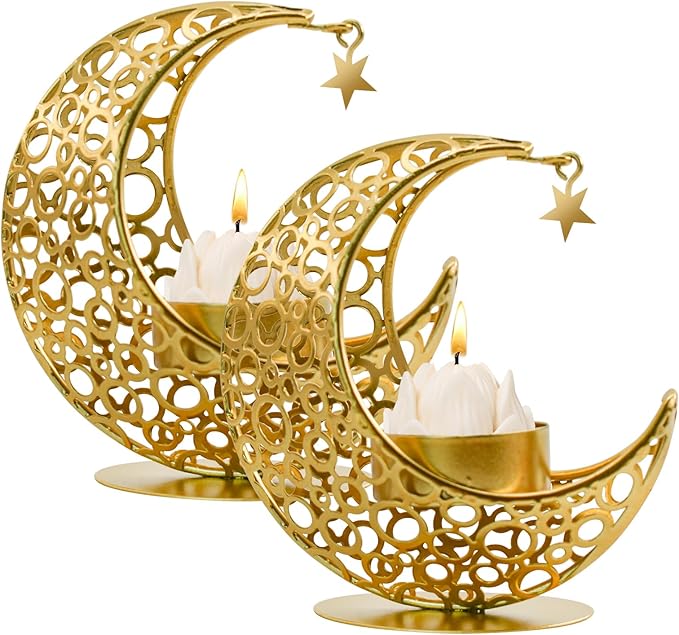 MrMrKura Moon Candle Holders Set of 2, Metal Tealight Candle Holder for Table Centerpiece Decorative Votive Candlesticks H...
