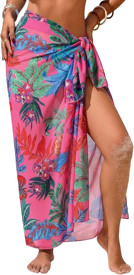 Herseas Women Sheer Sarong High Slit One Size Swimsuit Coverups 2026 Summer Floral Print Chiffon Wraps Beach Cover Up