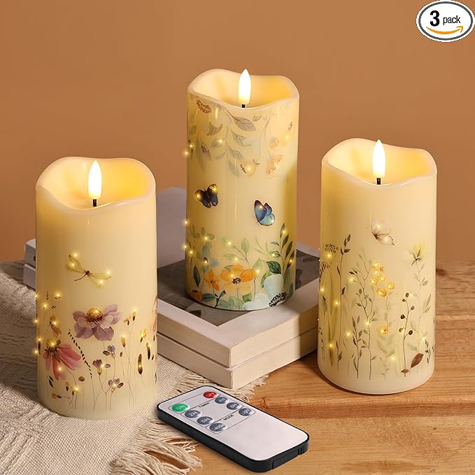 Eywamage Fiber Optic Flameless Pillar Candles with Remote Set of 3, Butterfly Floral Spring LED Candles Battery Operated Φ...