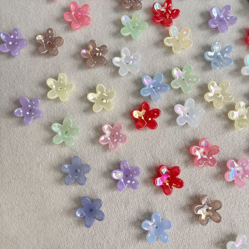 Translucent Jelly 5-Petal Star Flower Beads, AB Iridescent Center-Hole Spacers For DIY Vintage Hair Sticks, Earrings & Jewelry Making.