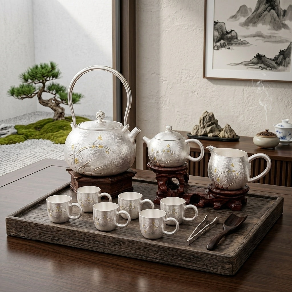 925 Sterling Silver Elegant  Tea Set with Traditional Floral Design and Wooden Stands - Handicraft