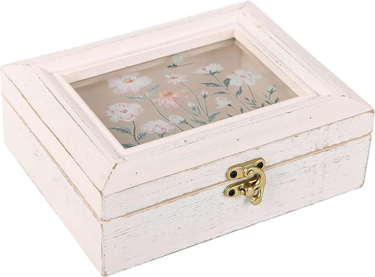 NIKKY HOME Wooden Keepsake Box with Glass Lids, Handmade Small Memory Box, Vintage Decorative Jewelry Display Box - Pink