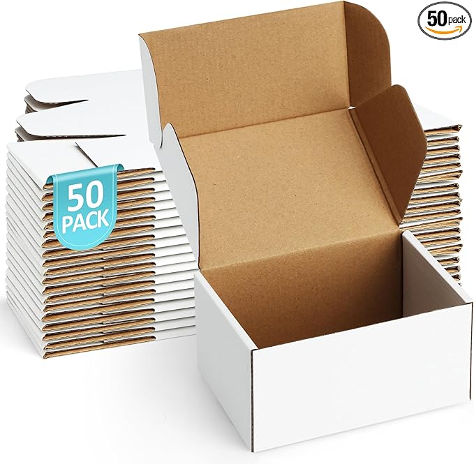 Poever Shipping Boxes 6x4x3 inches Small Mailing Boxes 50 Pack White Cardboard Corrugated Box Mailers
