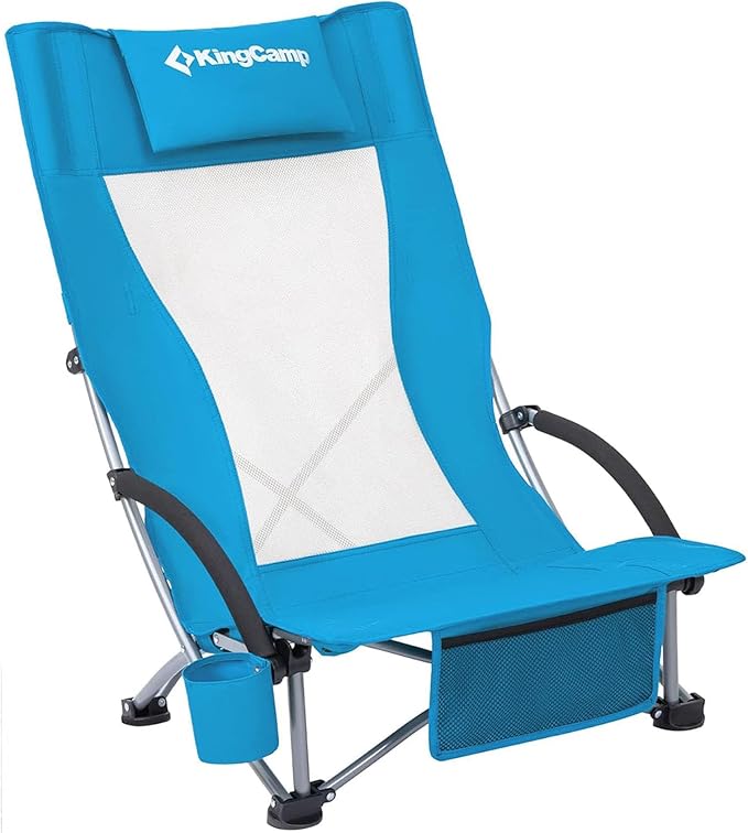 KingCamp Low Beach Chair, High Back Folding Camping Chair for Adults, Oversized Breathable Mesh Seat, 300lbs Heavy Duty Po...