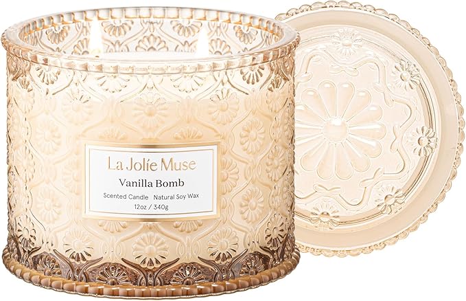 LA JOLIE MUSE Vanilla Bomb Candle – Lemon Zest, Fressia & Patchouli | 12 oz Large 2-Wick Soy Wax Candle | 60 Hours Clean B...