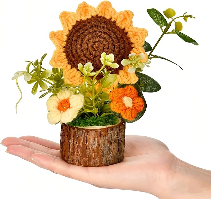 Andvon Cute Crochet Flowers Bouquet, Handmade Knitted Sunflowers with Wooden Pot, Crocheted Flower Plants Gifts for Women ...