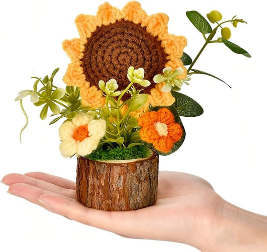 Andvon Cute Crochet Flowers Bouquet, Handmade Knitted Sunflowers with Wooden Pot, Crocheted Flower Plants Gifts for Women ...