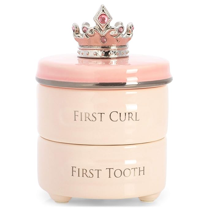 DEMDACO First Tooth and Curl Pink Ceramic Stoneware Children's Stackable Keepsake Box
