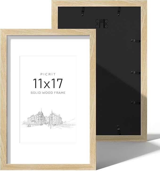Picrit 11x17 Picture Frame Natural Wood Set of 2, Solid Wood with Black Backboard, Displays 8x12 with Mat or 11 x 17 Witho...