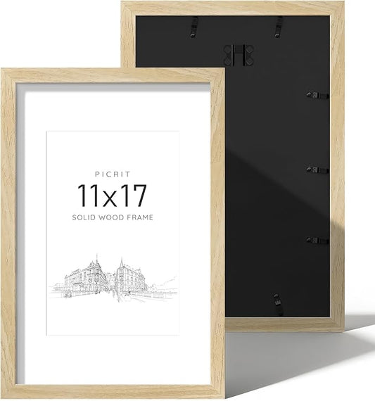 Picrit 11x17 Picture Frame Natural Wood Set of 2, Solid Wood with Black Backboard, Displays 8x12 with Mat or 11 x 17 Witho...