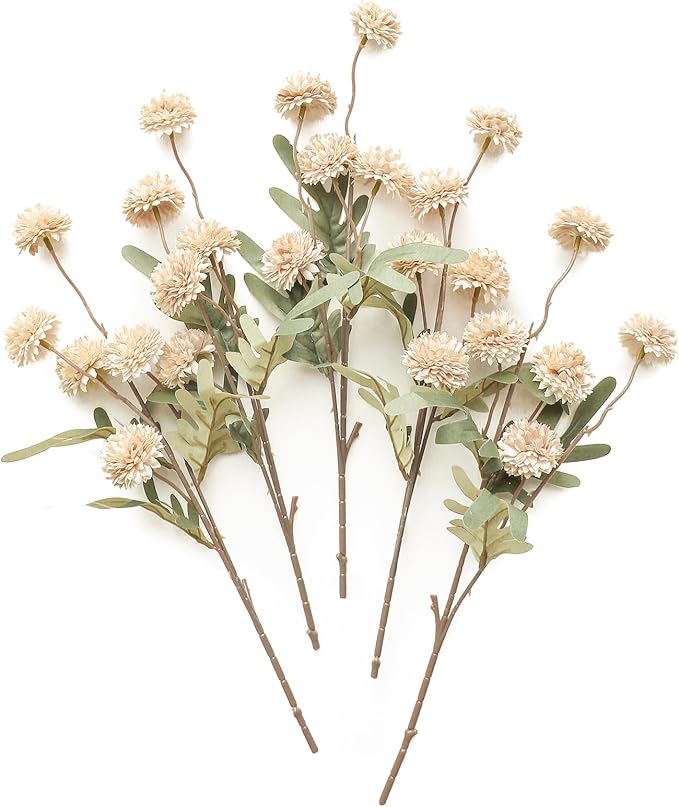 Floroom 5pcs Beige Faux Silk Mums Artificial Flowers, Bulk Fake Small Mini Chrysanthemums with Stems for DIY Champagne Wed...