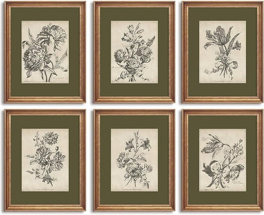 Vintage Floral Wall Art Sketch Flower Prints Antique Botanical Canvas Wall Art Decor Vintage Etchings Floral Poster Green ...