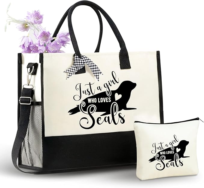InnoBeta Seal Gifts for Seal Lovers on Christmas or Birthday, Canvas Tote Bag with Top Zipper Closure and Shoulder Strap -...