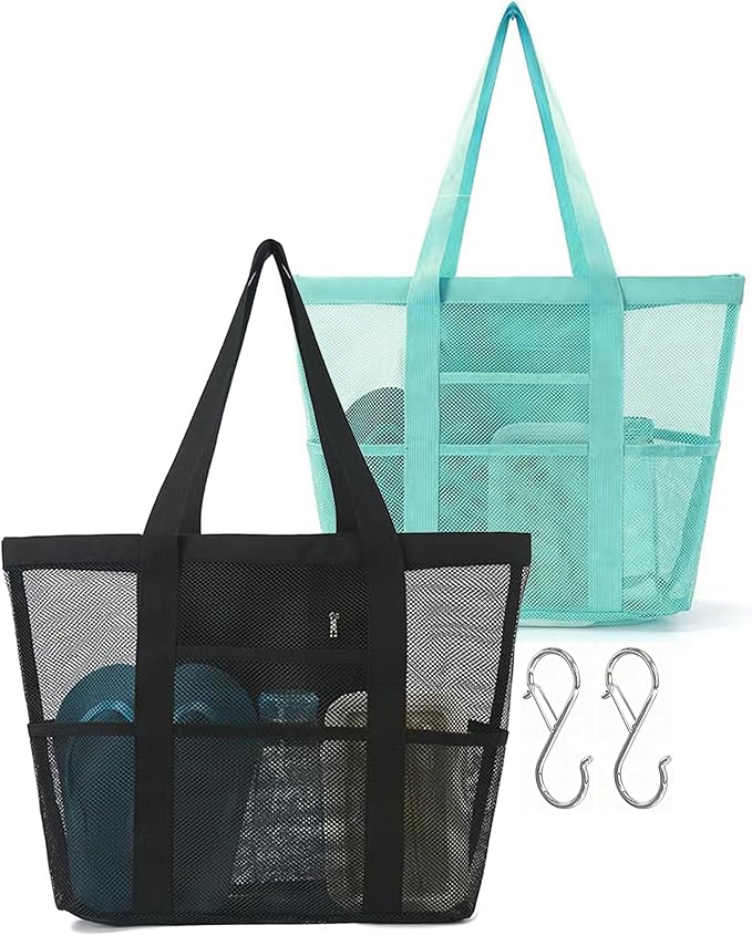 Funxdola 2-Pack Large Mesh Carryall Tote Beach Bags - 8 Front Back Pockets Zip Compartment for Toiletry Travel with 2 S Hooks