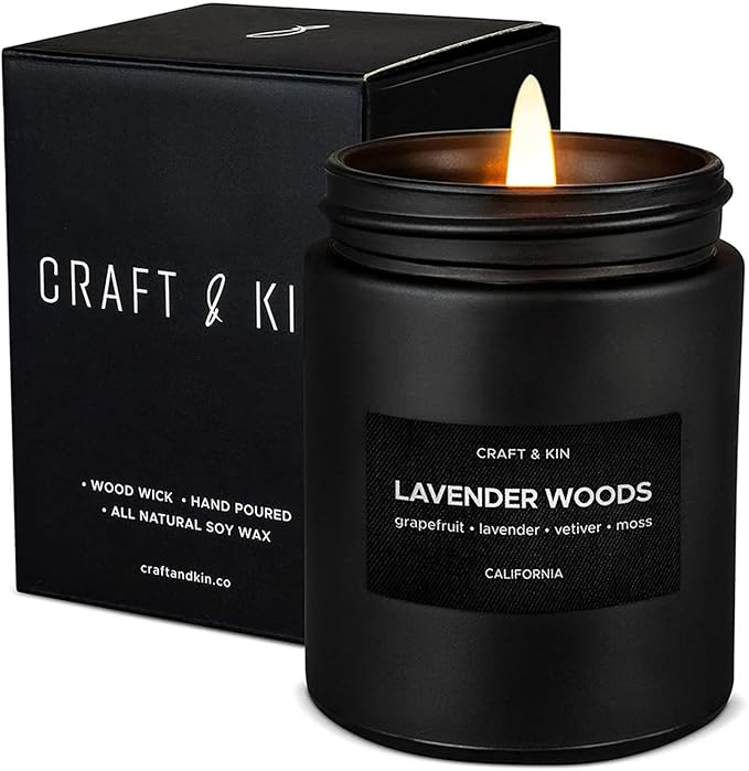 Craft & Kin Premium Lavender Woods Candle | Black Scented Candles for Men | Long Lasting with 45 Hour Burn Time, 7.6oz | S...