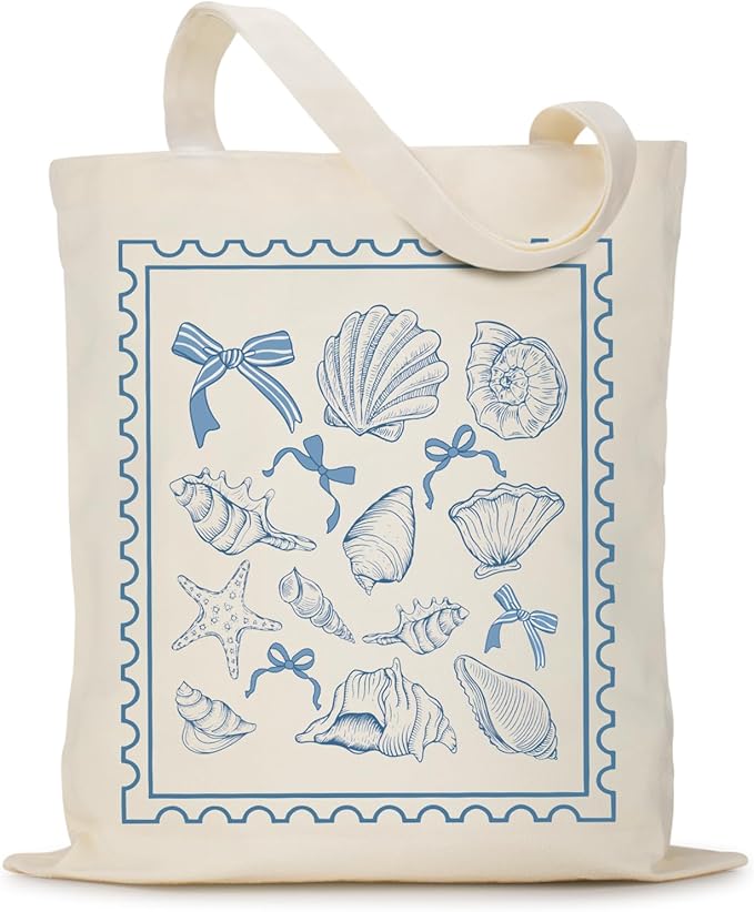Puuonnnnno Blue Seashells Stamp Canvas Tote Bag for Woman Lady Friends, Canvas Shoulder Bag Reusable Grocery Shopping Bag