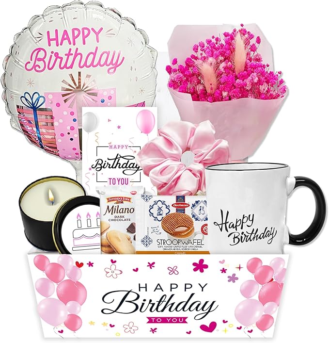 Birthday Gift Basket/Unique Care package Gift set for women or teenage girl Variety gift w/Happy birthday balloon dried fl...