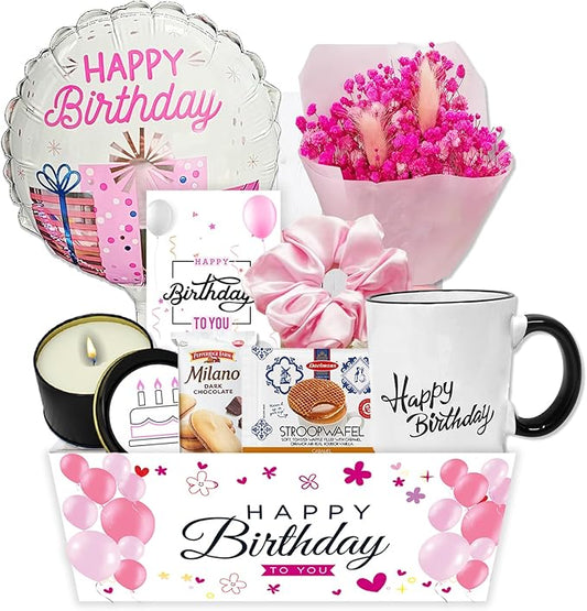 Birthday Gift Basket/Unique Care package Gift set for women or teenage girl Variety gift w/Happy birthday balloon dried fl...