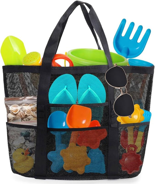 Showvigor Mesh Beach Bag - Large Beach Tote with Zipper Pocket for Family Pool Bag for Toys Vacation Essentials
