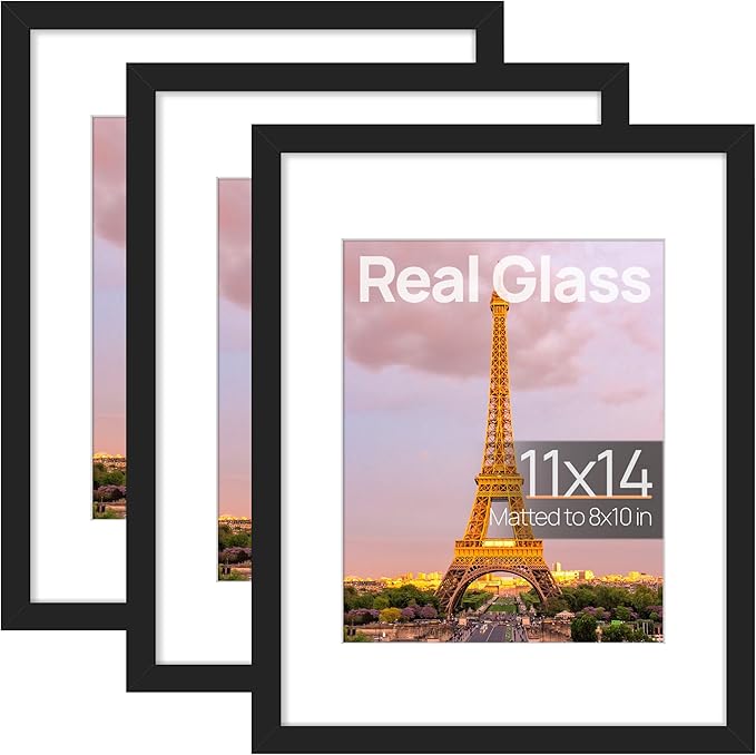 upsimples 11x14 Picture Frame Set of 3, Made of High Definition Glass for 8x10 with Mat or 11x14 Without Mat, Wall and Tab...