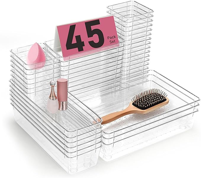 VEXTHYX Clear Plastic Drawer Organizers Set of 45 Vanity trays Stackable Storage Bins Dividers Bathroom Organiser Storage ...