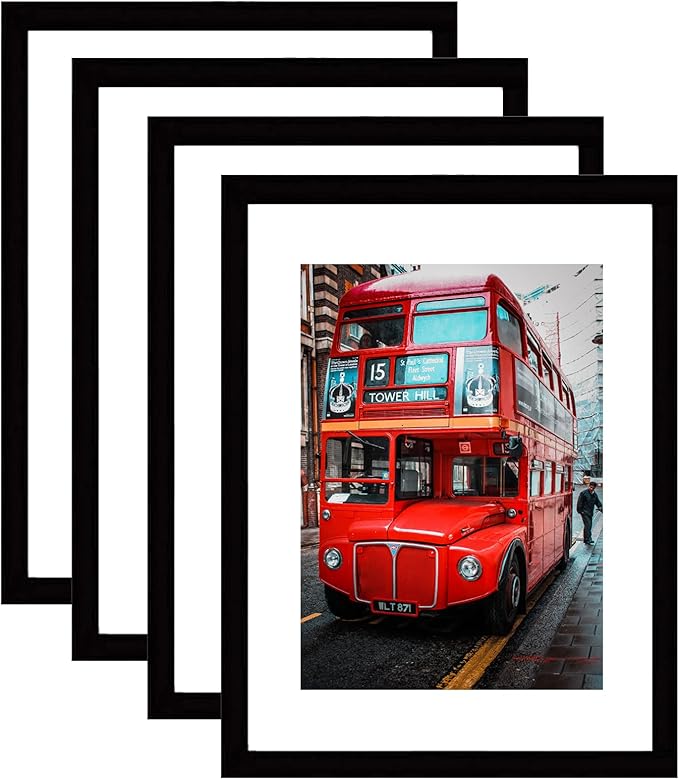 pojah 11x14 Picture Frame Set of 4,Black Photo Frame with Mat Display Pictures 8x10 or Without Mat,PVC Glass,for Wall Home...