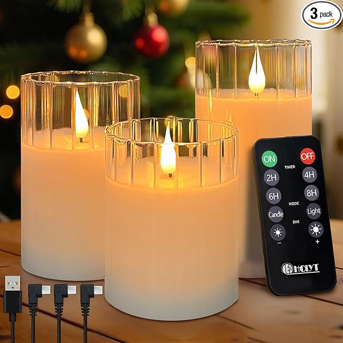 LEDHOLYT Rechargeable Flameless Glass Pillar Candles – Remote & Timer – Set of 3 White Stripes Realistic Flickering LED Li...