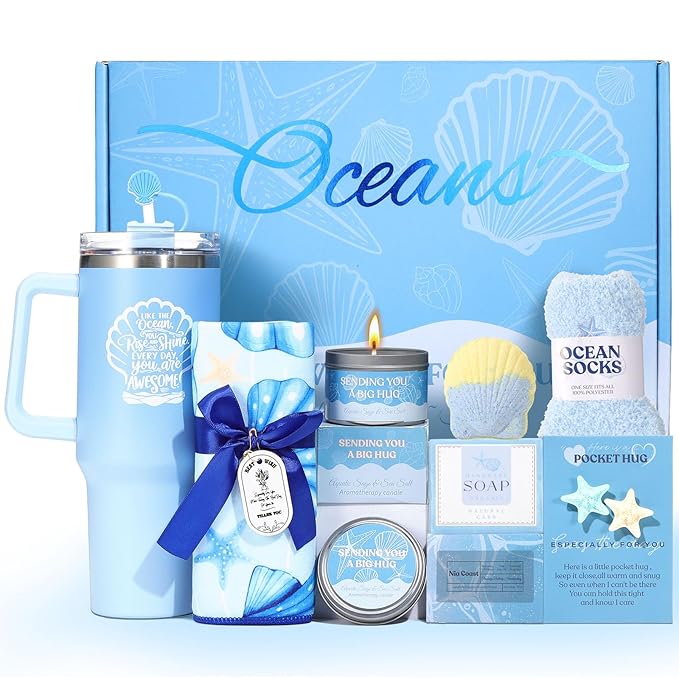 Mothers Day Gifts for Mom, Self Care Gift Basket for Women, Relaxation Spa Gift Set with Tumbler, Blue Ocean Gift Baskets ...
