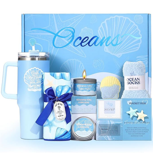 Mothers Day Gifts for Mom, Self Care Gift Basket for Women, Relaxation Spa Gift Set with Tumbler, Blue Ocean Gift Baskets ...