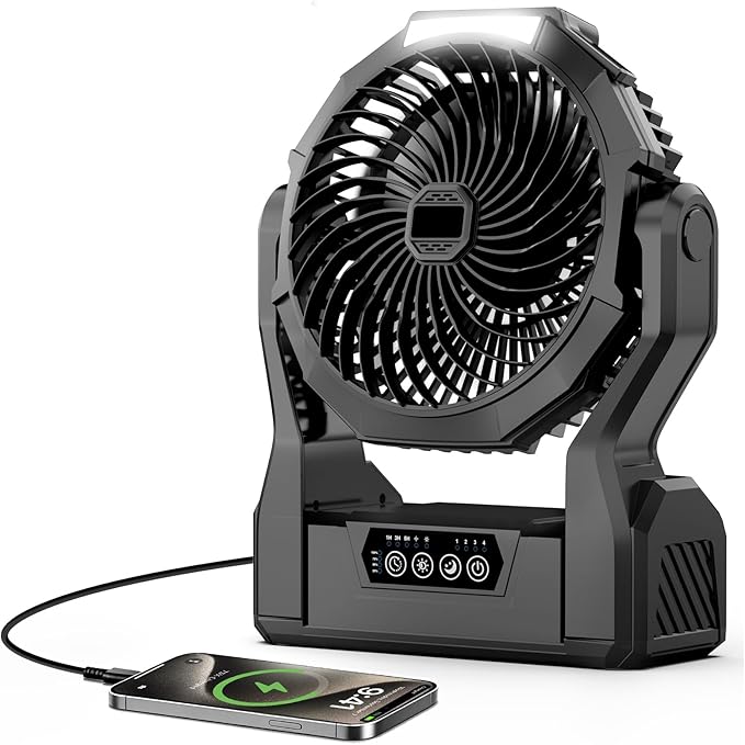Fentara Camping Fan with 64H Runtime, Rechargeable Battery Powered Portable Fan with LED Light, Quiet Travel Tent Fan for ...