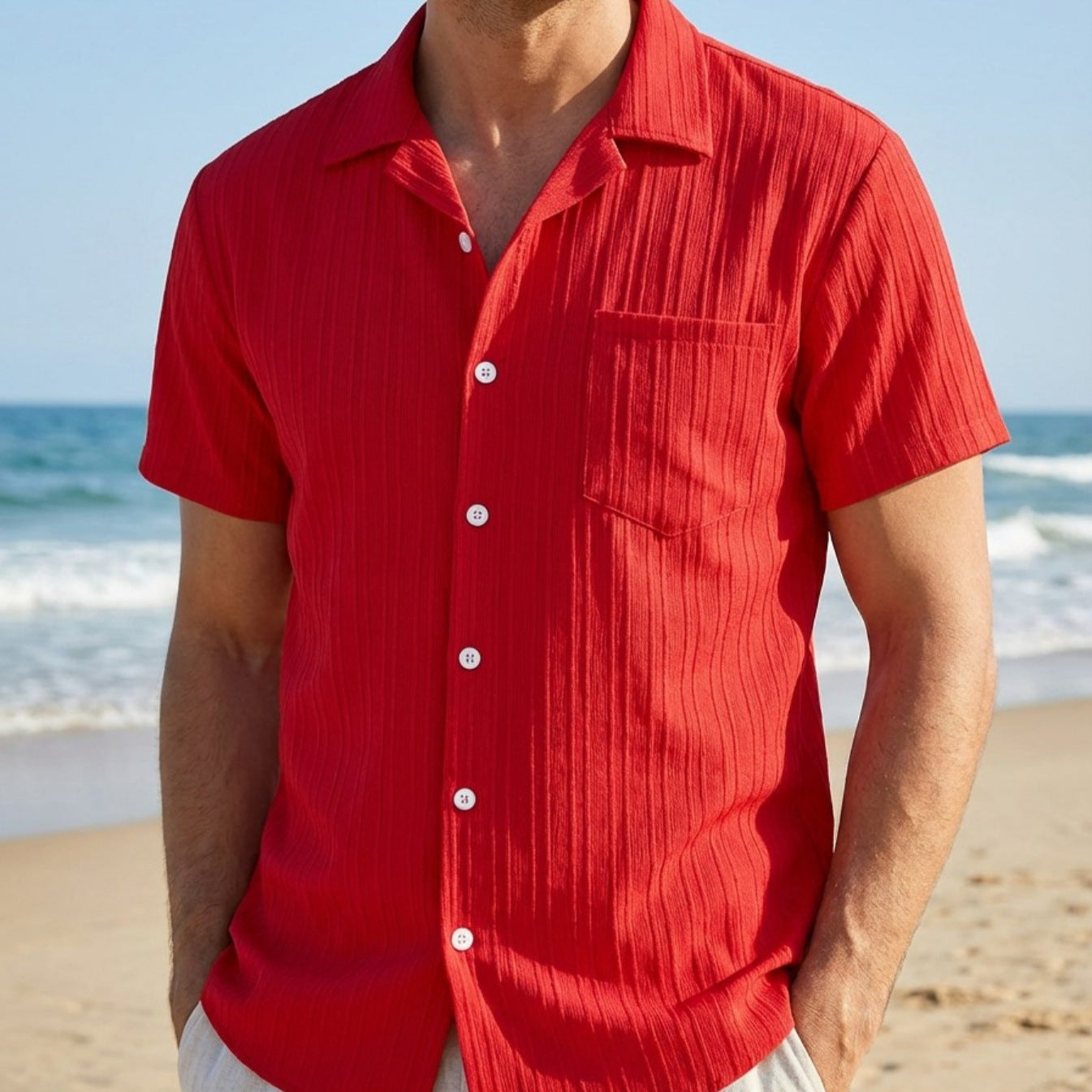 Cross-border Mens Summer Fashion Striped Lapel Beach-fit Casual Shirt Short-sleeve Blouse