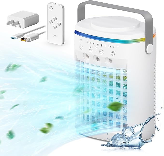 Vidihill Portable Air Conditioner, Evaporative Air Cooler, 2-4-8H Timer Auto-Off &Remote, Water Tank, Three ultrasonic noz...