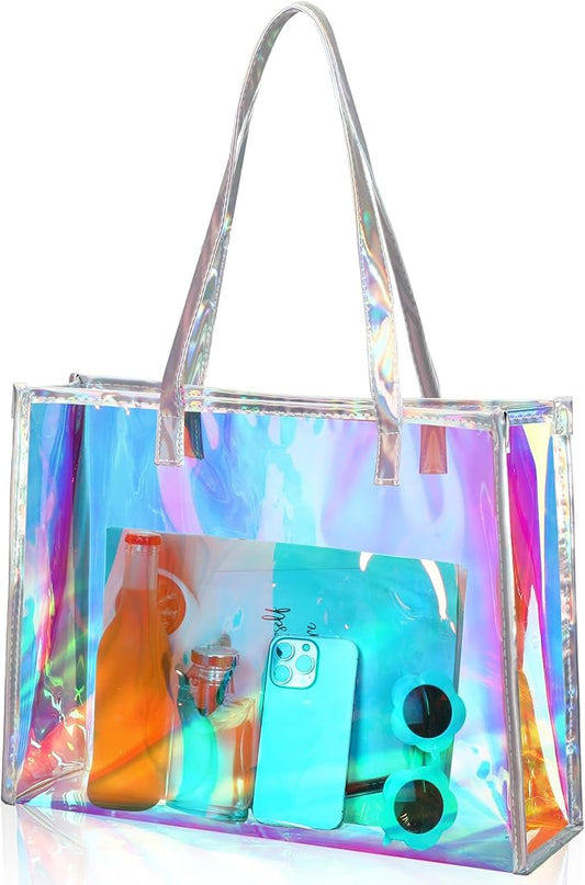 Aliceset Holographic Clear Tote Bag with Leather Handle Iridescent Bachelorette Beach Bag for Work Stadium Travel | with L...