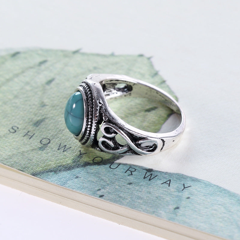European And American Fashion Vintage Turquoise Titanium Steel Mens Ring