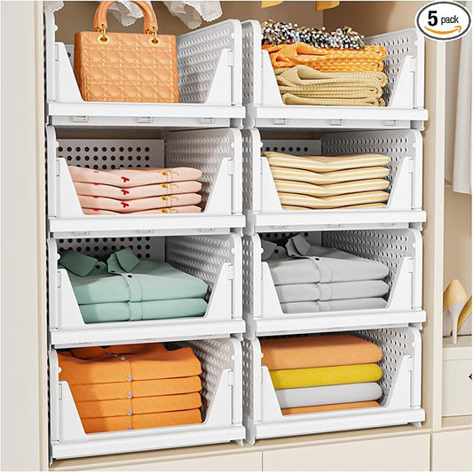 SNSLXH 5 Pack Stackable Closet Storage Basket, Multifunctional & Foldable Closet Organizer for Bathroom Kitchen Laundry Ro...