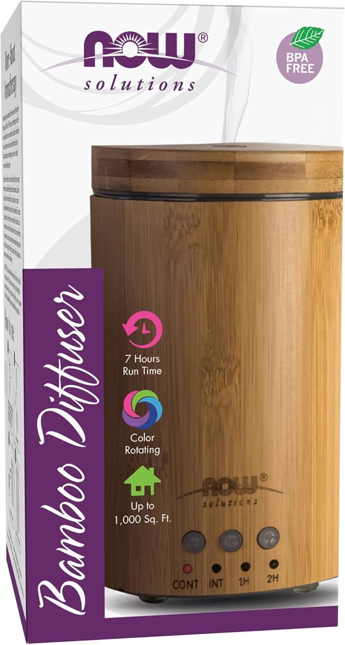 NOW Essential Oils, Ultrasonic Real Bamboo Aromatherapy Oil Diffuser, Extremely Quiet, Heat Free and Easy to Clean, Color ...