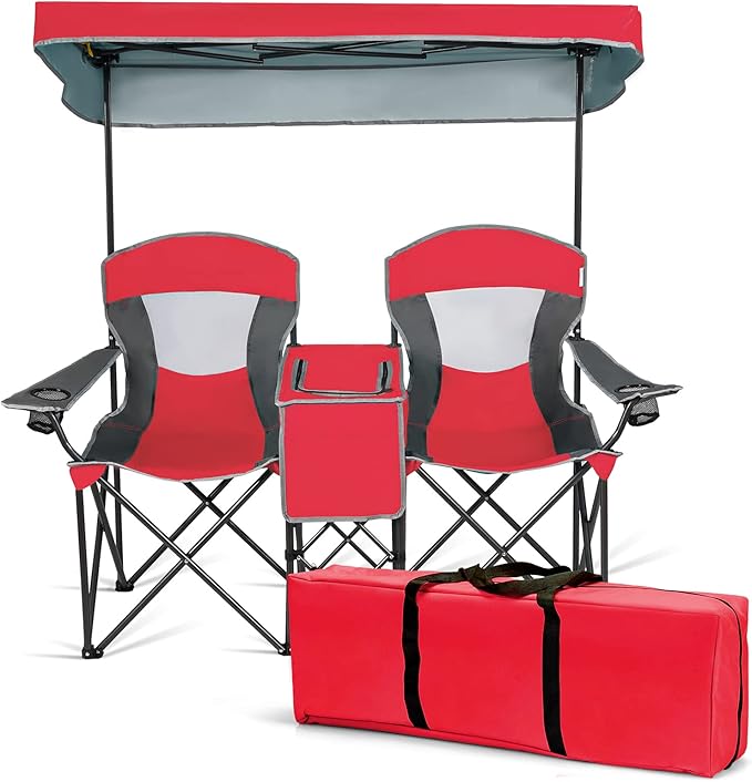 S AFSTAR Double Camping Chair w/Shade Canopy, 2-Person Folding Camp and Beach Chair with Mini Table Beverage Cup Holder Ca...